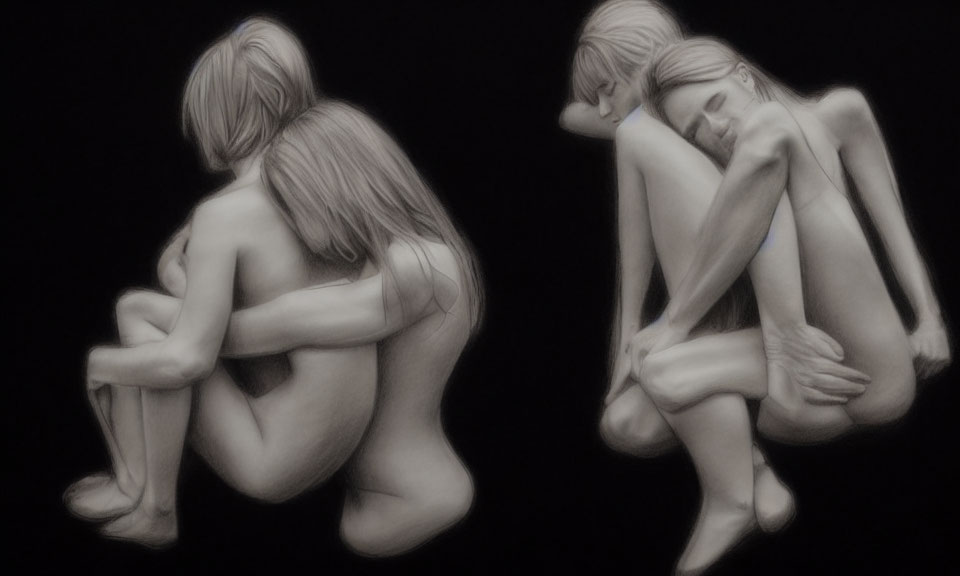 Monochrome drawing of two figures in mirrored pose