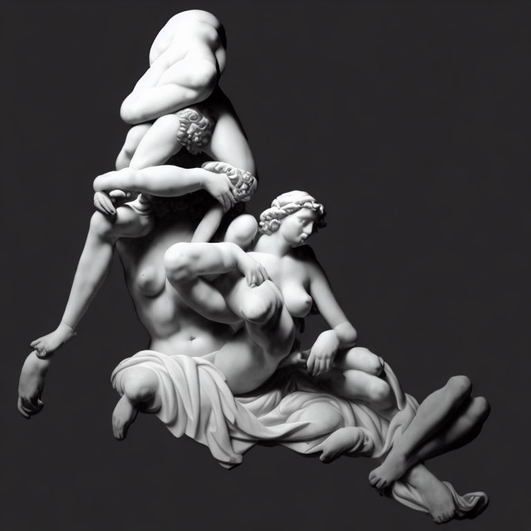 Monochrome sculpture of intertwined human figures carrying each other