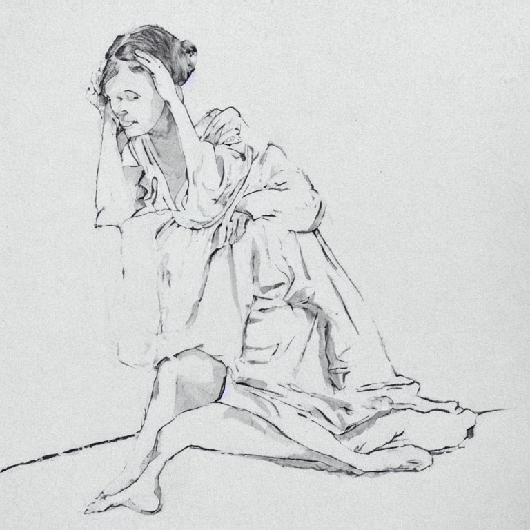 Seated girl in pencil sketch, looking thoughtful or sad, draped in flowing robe