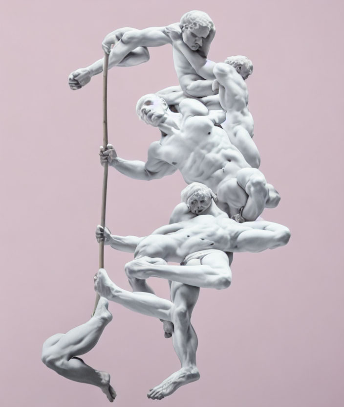 Digital artwork of male figures forming vertical structure on pink background