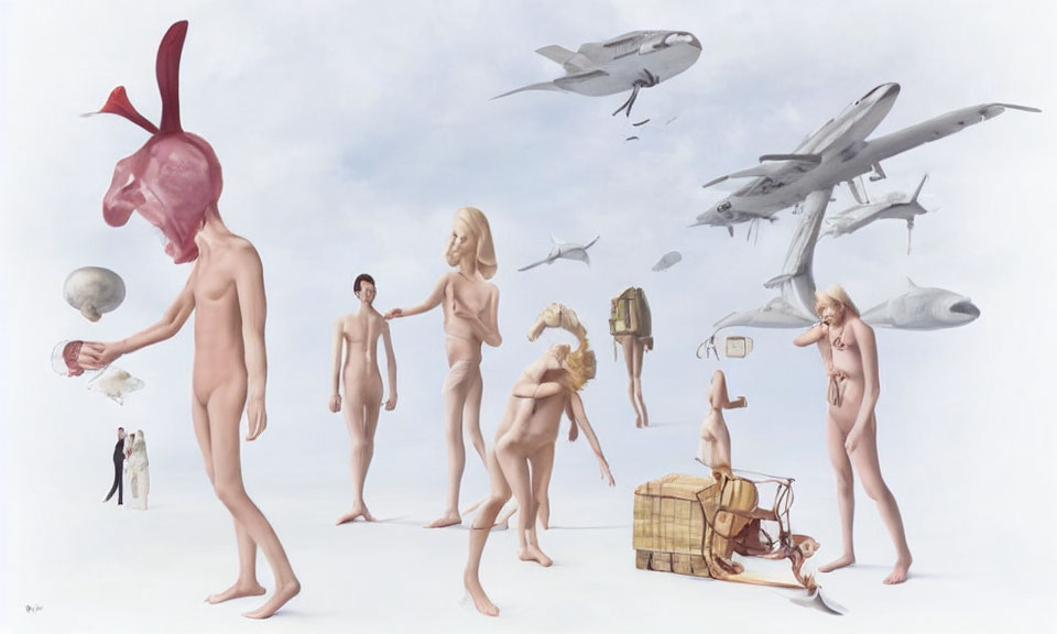 Surreal painting: Human figures, rabbit head, fish, planes, disjointed interactions