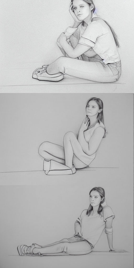 Three pencil sketches of seated female figure in various poses with realistic proportions and shading