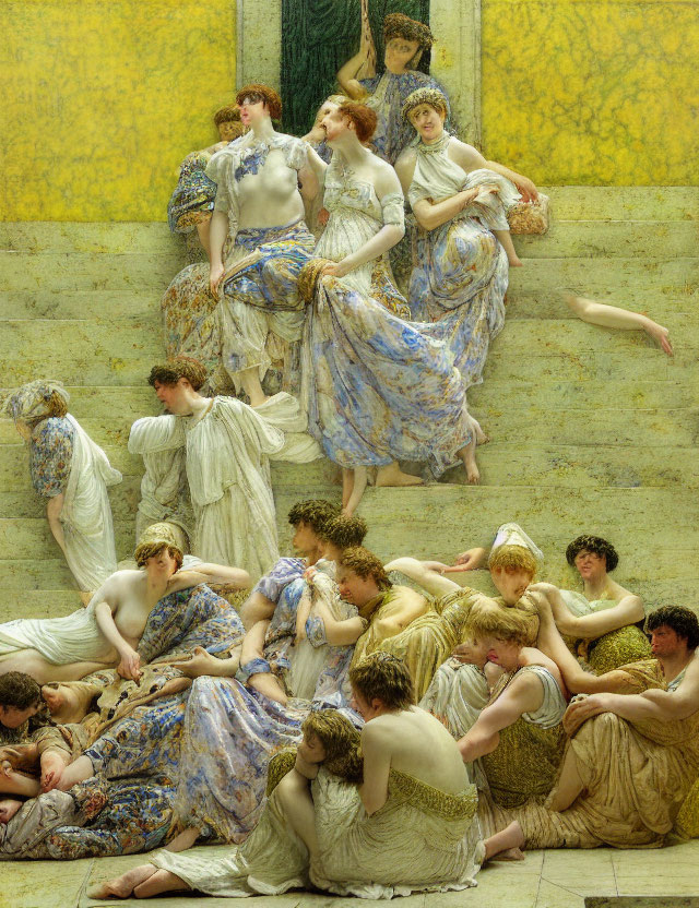 Classically draped figures in various postures on yellow backdrop