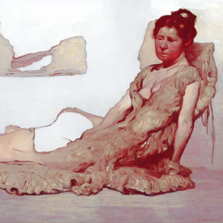 Reclining woman in flowing dress with pensive expression against minimalistic background.