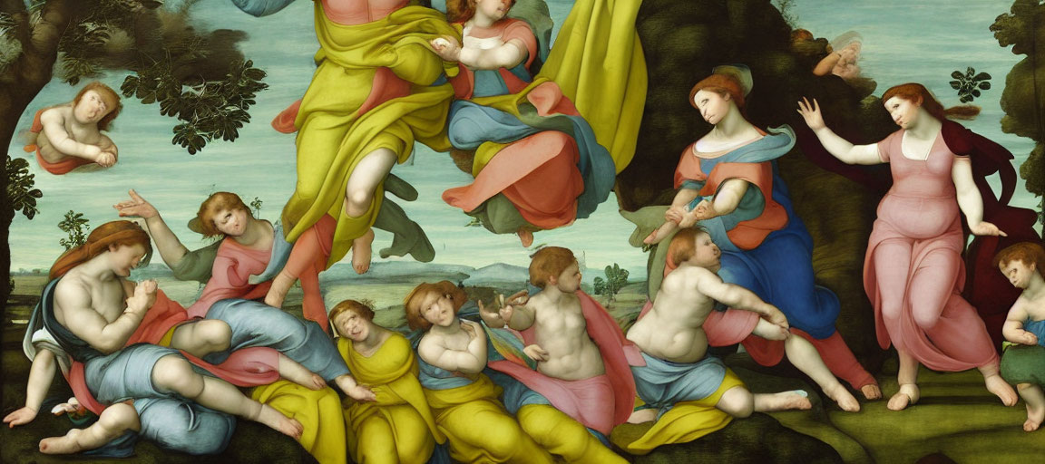 Renaissance painting of mythological figures and cherubs in lush landscape