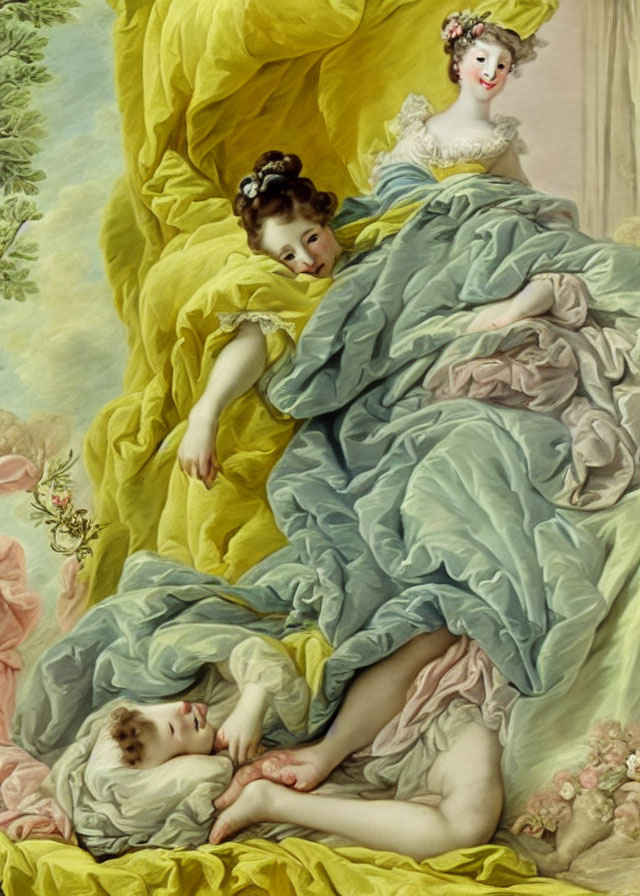 18th-Century Oil Painting of Two Elegantly Dressed Women on Yellow Couch