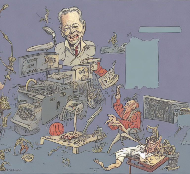 Chaotic Workspace Illustration with Disheveled Man and Quirky Characters