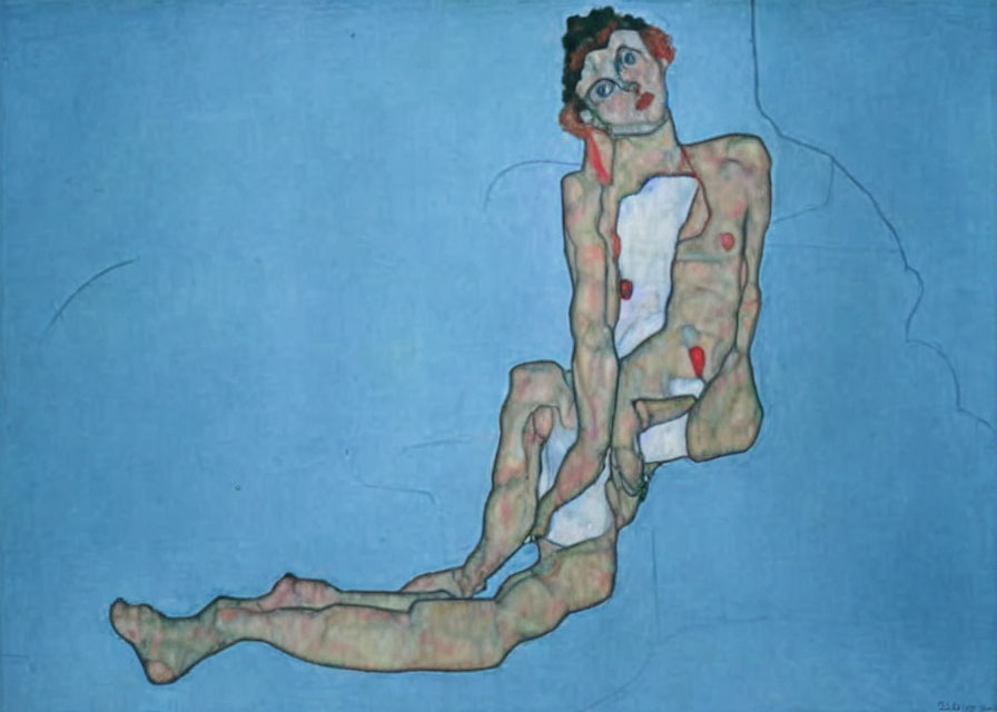 Expressionistic painting of contorted male figure on blue background