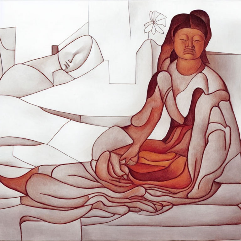 Stylized painting of two figures in meditative poses