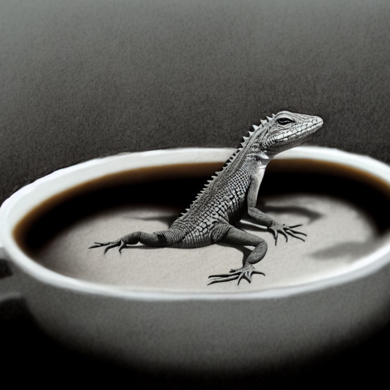 Lizard on Edge of Coffee Cup with Shadow on Liquid Surface