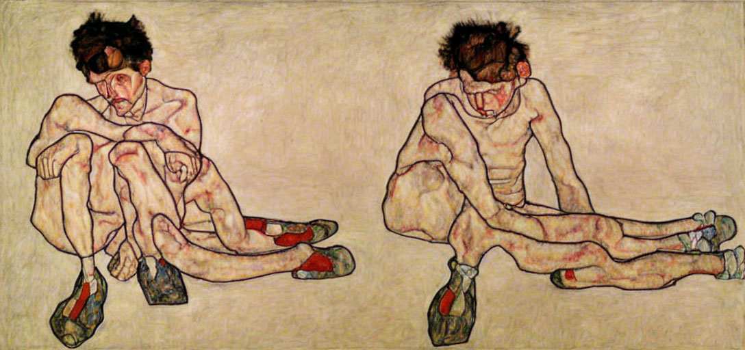 Two seated figures in contorted poses with distressed expressions, depicted in rough lines and muted colors.