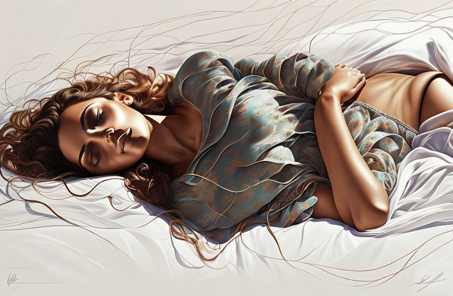 Digital artwork: Woman lying down in patterned blouse with eyes closed, midriff exposed, on