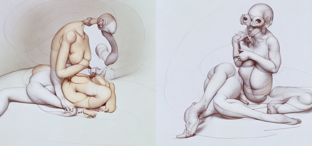 Surreal drawings of entwined human forms and oversized head with smaller figure