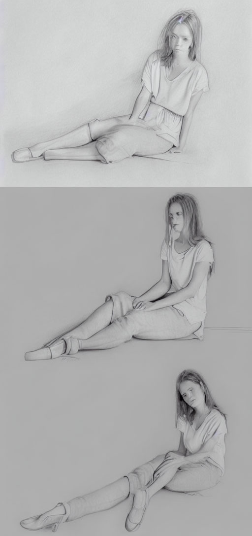 Three sequential sketches of a person sitting down with legs stretched to one side, progressively concealing their face