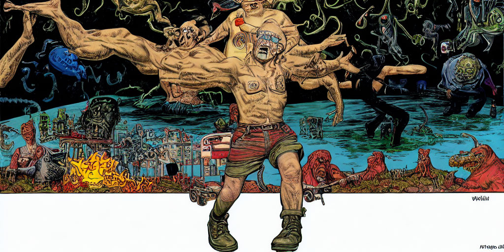 Muscular man with multiple arms surrounded by surreal creatures in chaotic, colorful scenery blending science and fantasy elements