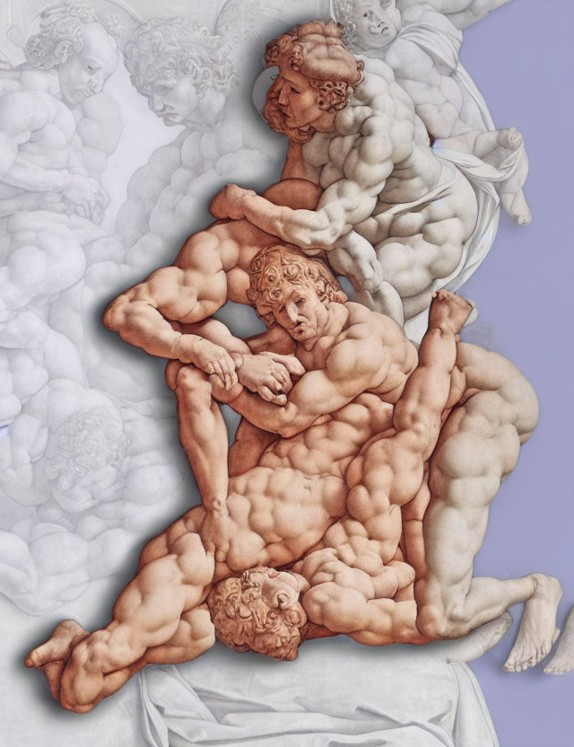 Dynamic relief sculpture: three muscular male figures intertwined with cherubs on pale blue background