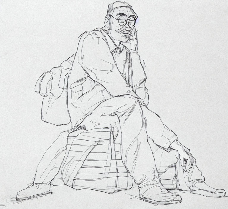 Bearded person in glasses, seated with bag, contemplative pose