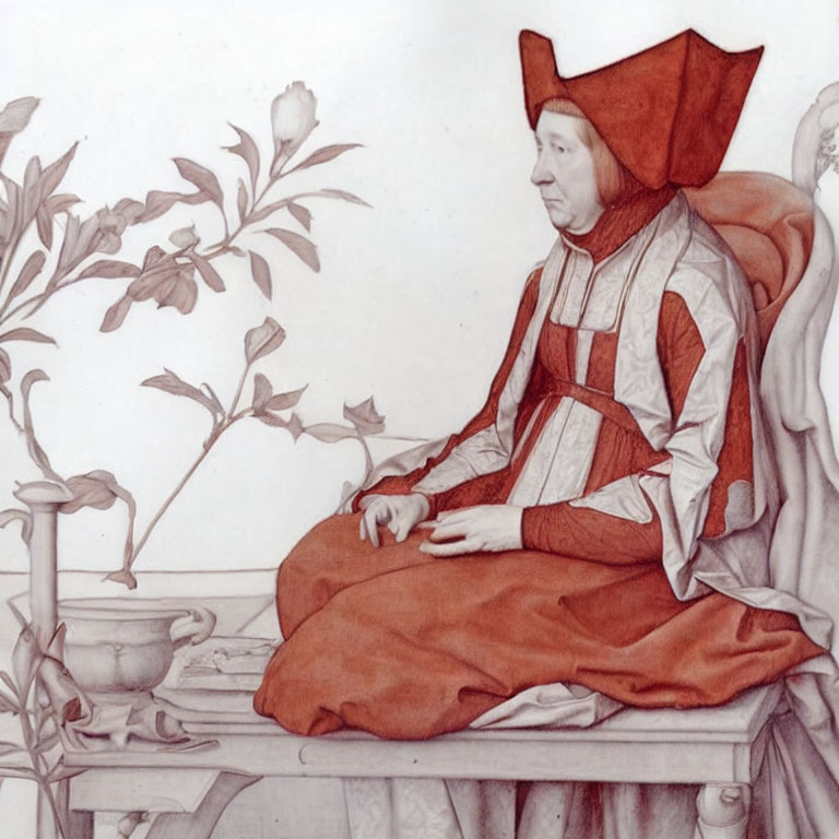 Medieval illustration: Seated figure in red and white robes with pointed hat, next to flowering plant