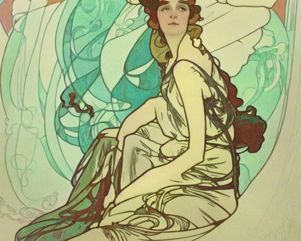 Art Nouveau Woman Illustration in Shell Structure with Stained-Glass Background