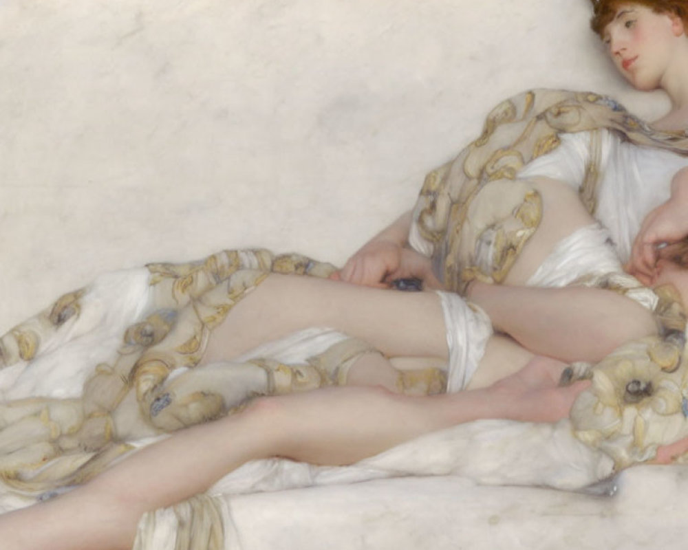 Reclining woman in white drapery with gold patterns on light background