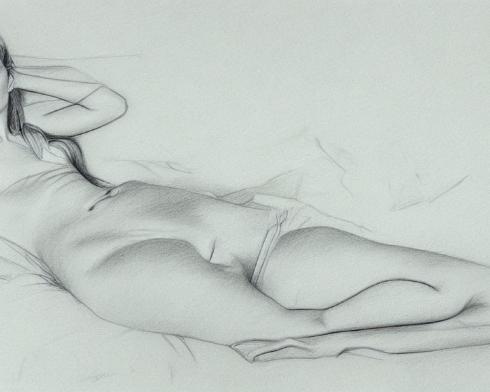 Detailed pencil sketch of reclining woman with hand behind head, gazing sideways.