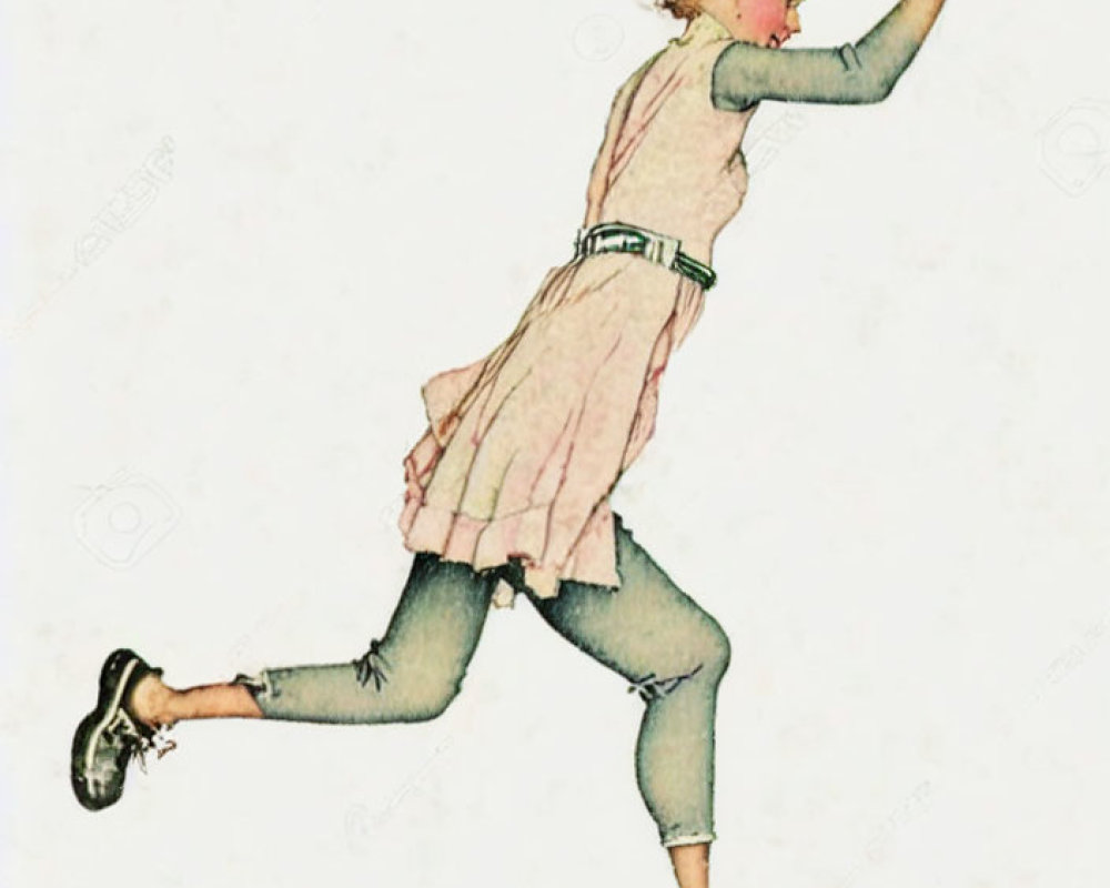 Young girl in dress with red bow holding a shoe illustration