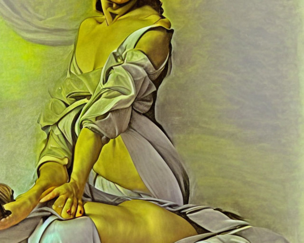 Stylized painting of seated woman with exaggerated expression and vivid colors