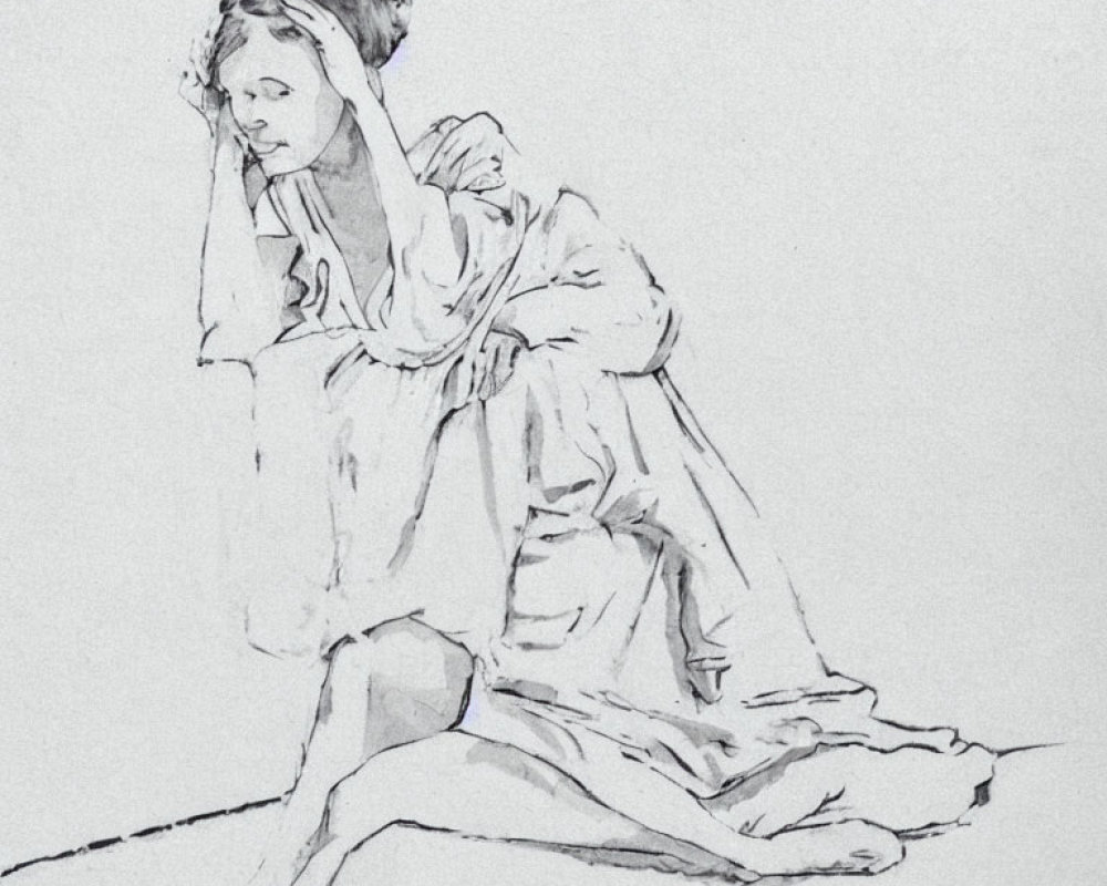 Seated girl in pencil sketch, looking thoughtful or sad, draped in flowing robe