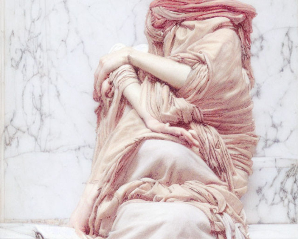 Seated person wrapped in warm draperies against marble backdrop