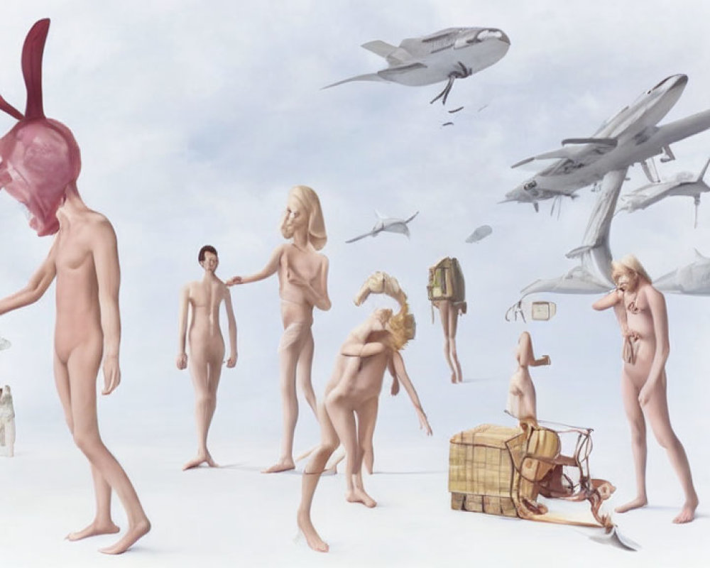 Surreal painting: Human figures, rabbit head, fish, planes, disjointed interactions