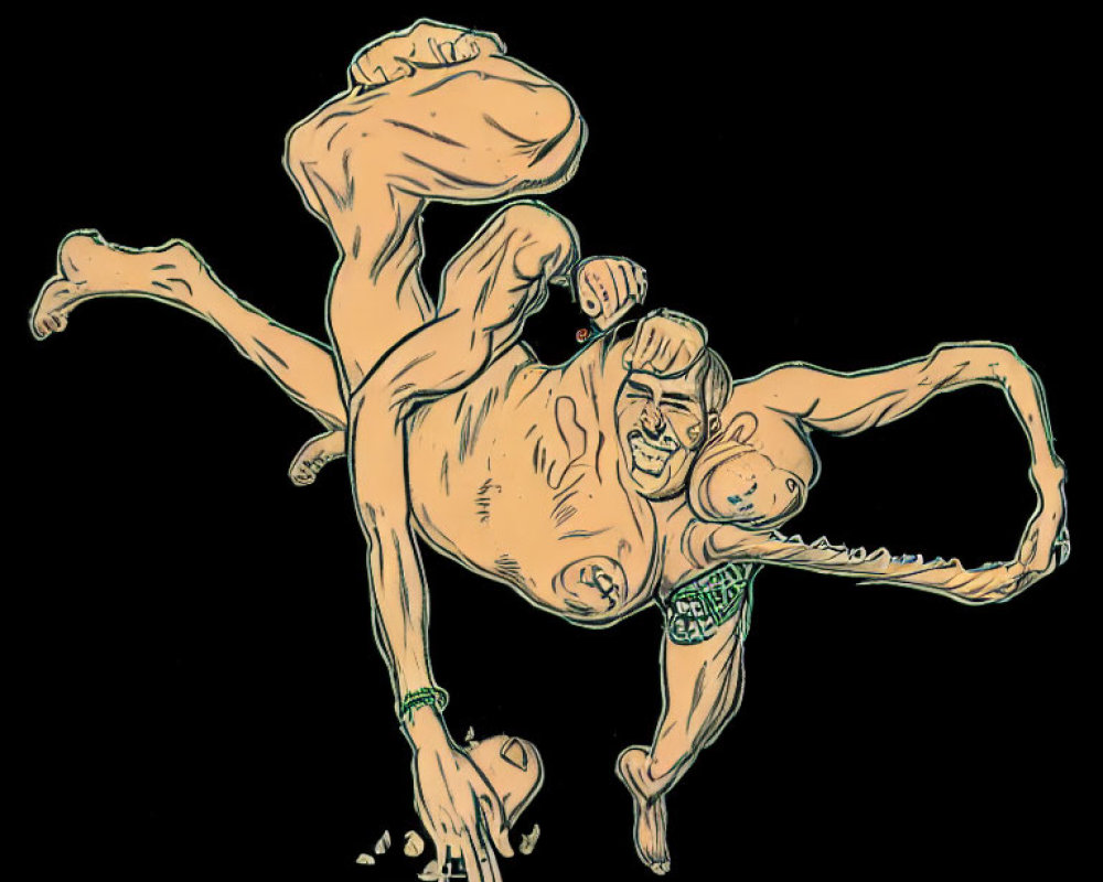 Muscular, Multi-Limbed Man Illustration with Exaggerated Proportions