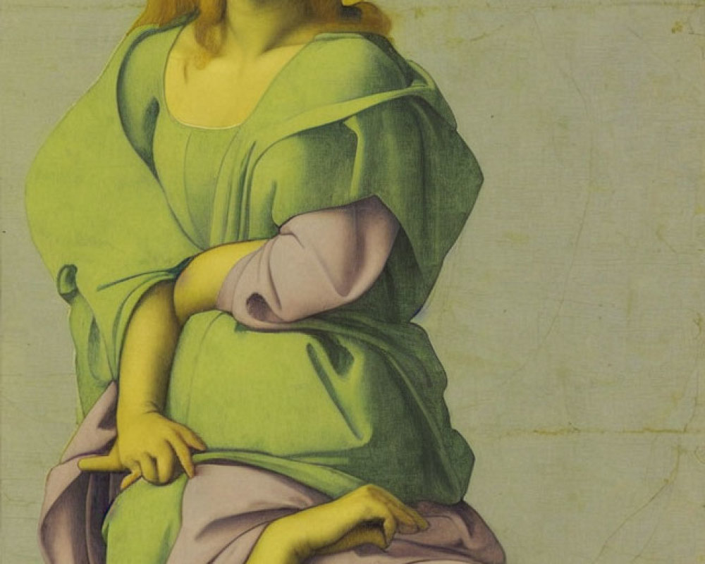 Serene painting of haloed figure in green and pink robes