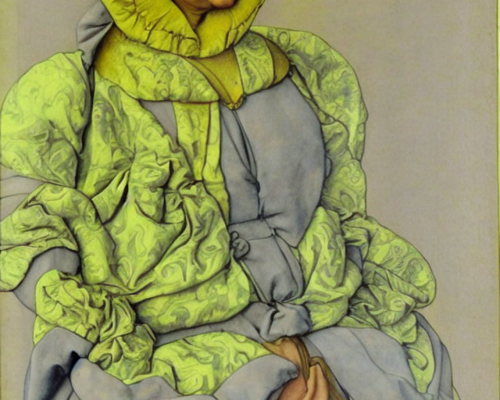 Elderly person in green dress with yellow cloak and brown pouch