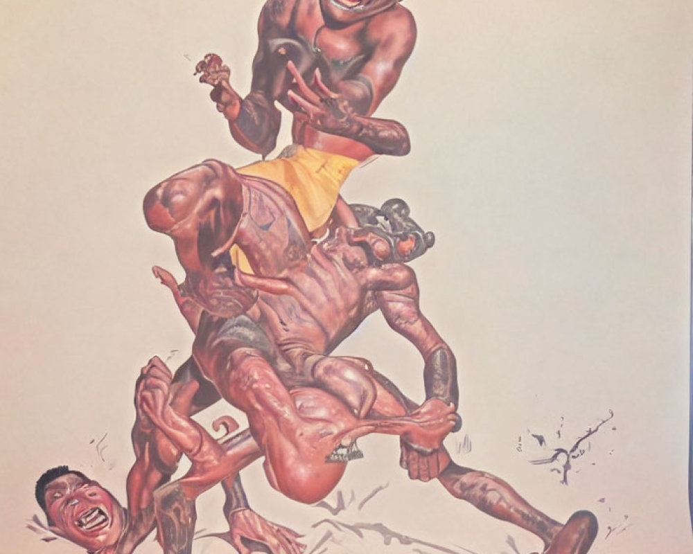 Artistic depiction of three men in a struggle scene