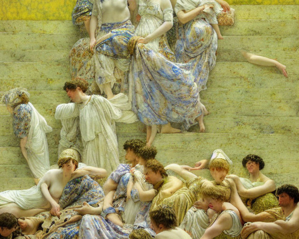 Classically draped figures in various postures on yellow backdrop