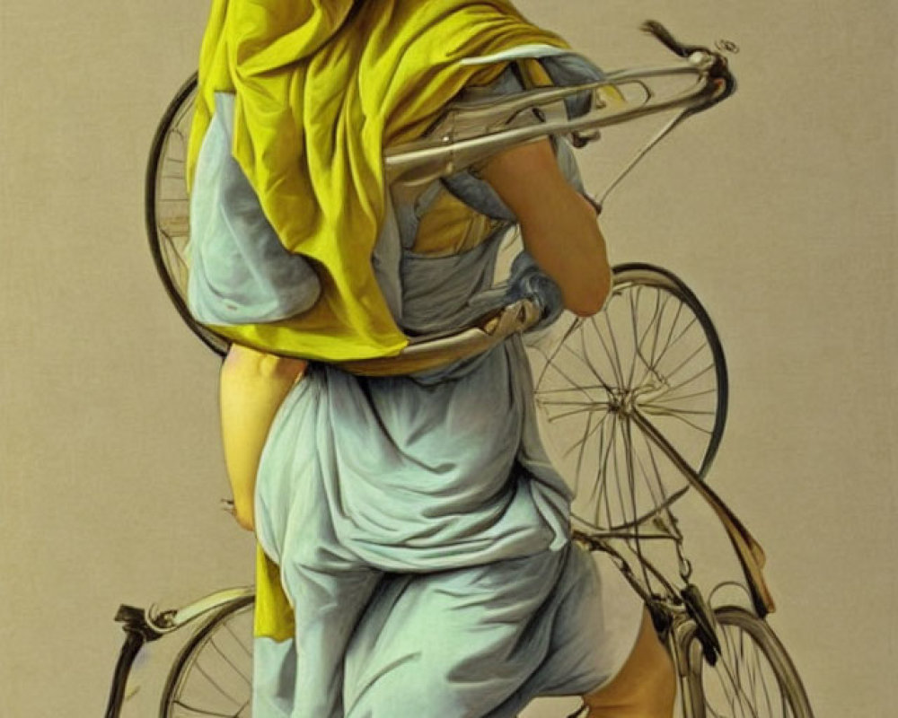 Woman in Blue Dress Carrying Bicycle and Yellow Headscarf