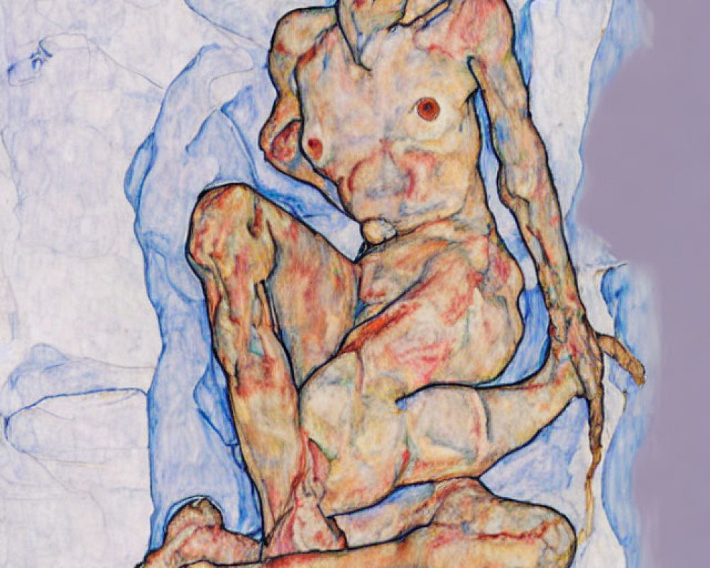 Abstract nude figure painting in blue, white, and red tones on textured background