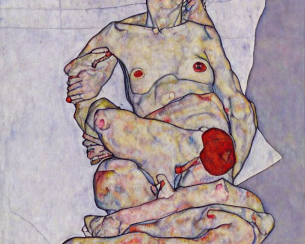 Seated nude androgynous figure with disjointed limbs in blue outline