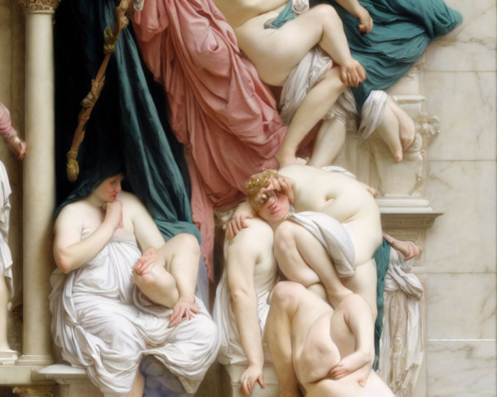 Classic Painting of Figures in Flowing Robes Against Architectural Background