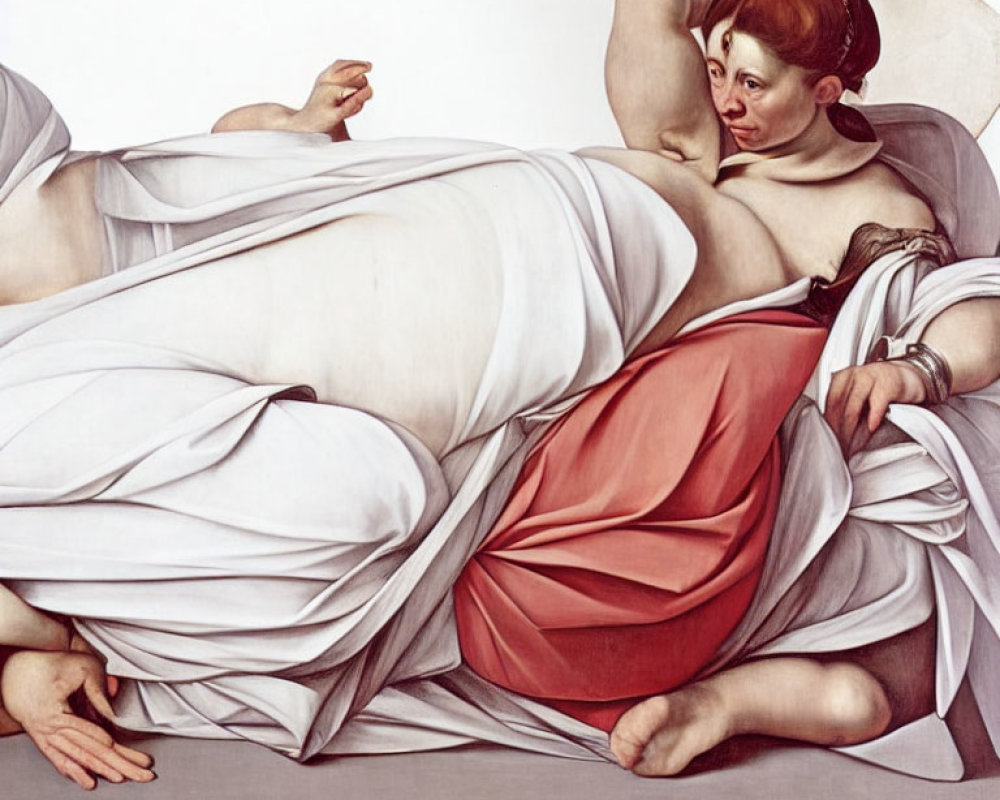 Reclining figure in white drapery with red cloth, finger raised