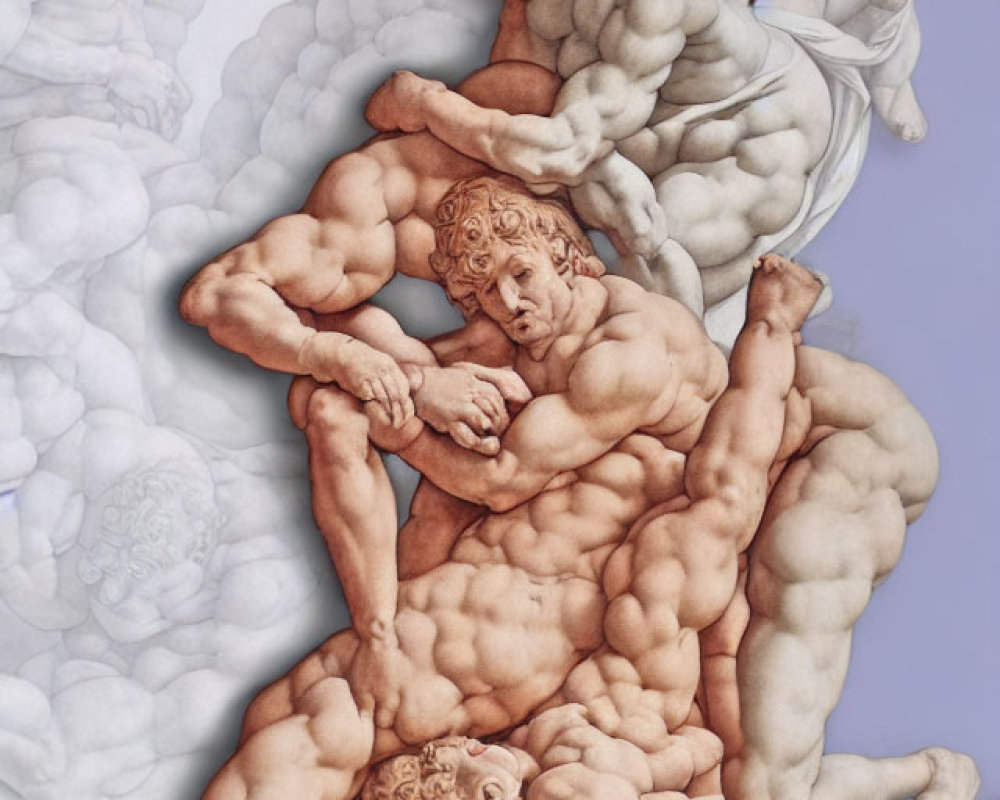 Dynamic relief sculpture: three muscular male figures intertwined with cherubs on pale blue background