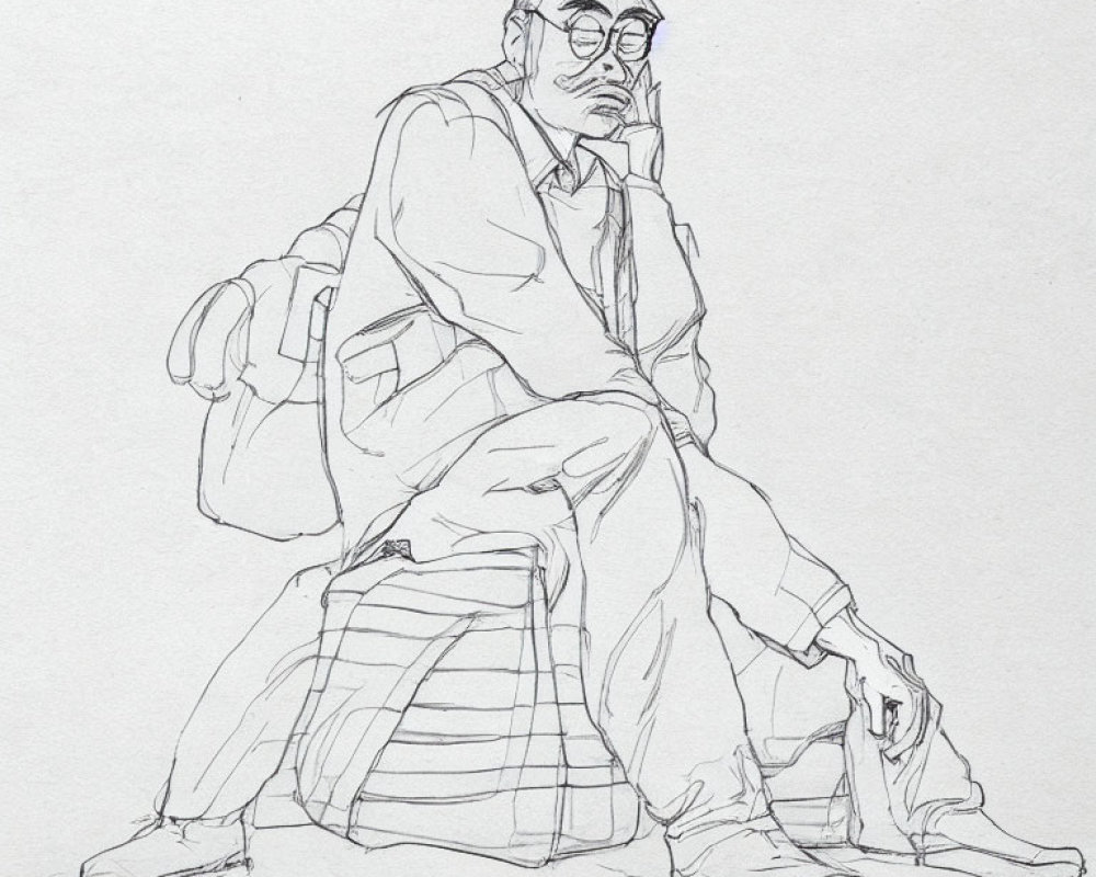 Bearded person in glasses, seated with bag, contemplative pose