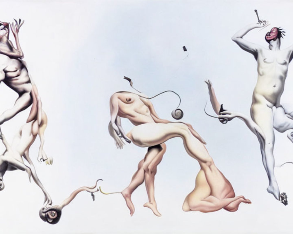 Surreal artwork featuring distorted humanoid figures with snail shells and tentacles.