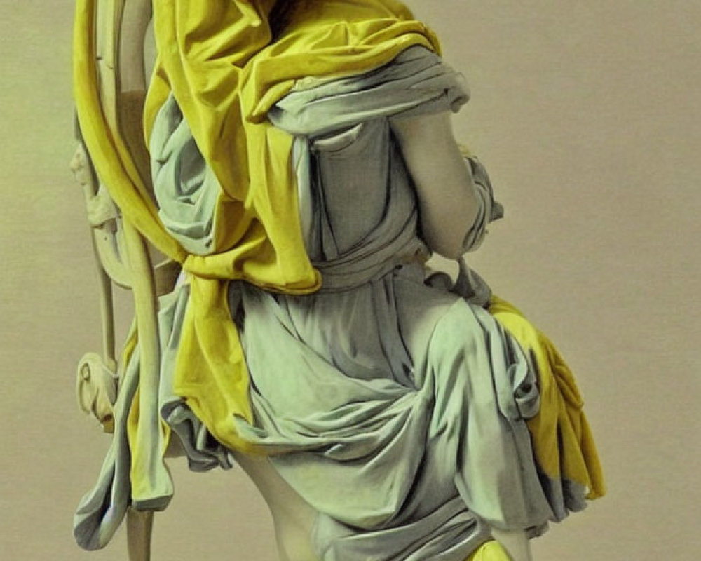 Classical statue of woman in draped garments with yellow cloth and chair