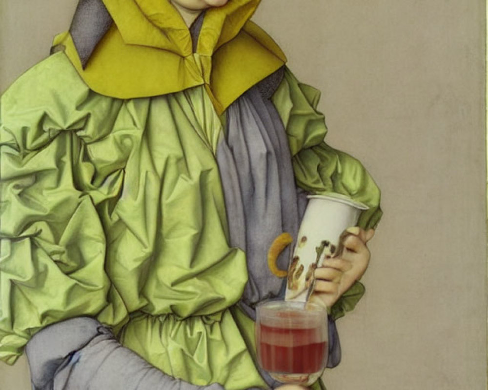 Person in Green Robe Holding Glass of Red Liquid with Pancakes and Bread Slice