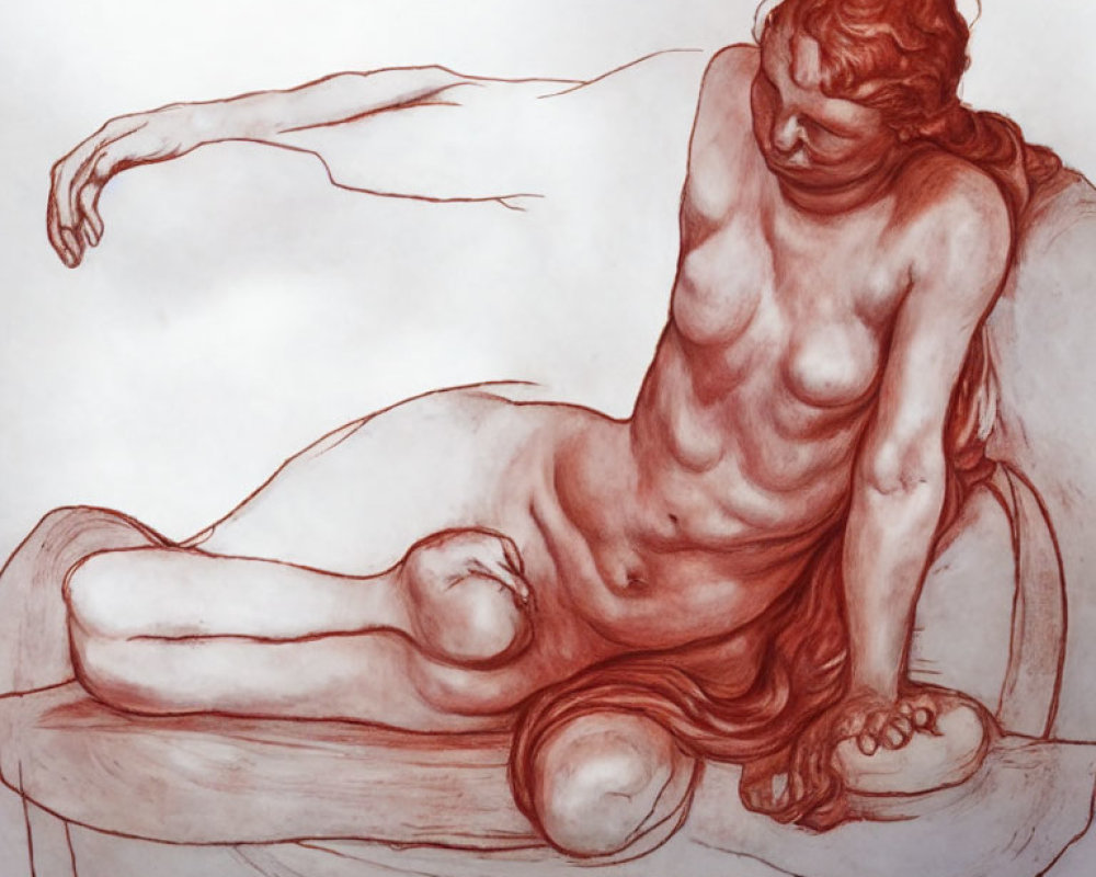 Seated nude figure in red chalk with flowing hair