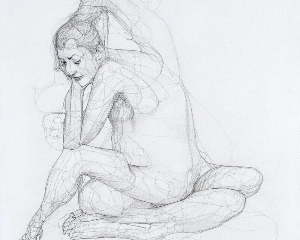 Seated Figure in Contemplative Pose with Sketch Lines