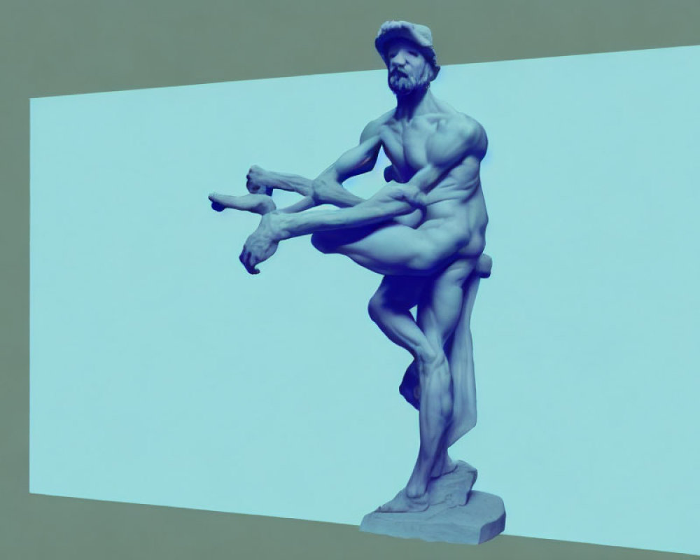 Blue-toned sculpture of a bearded, muscular man in dynamic pose against yellow wall