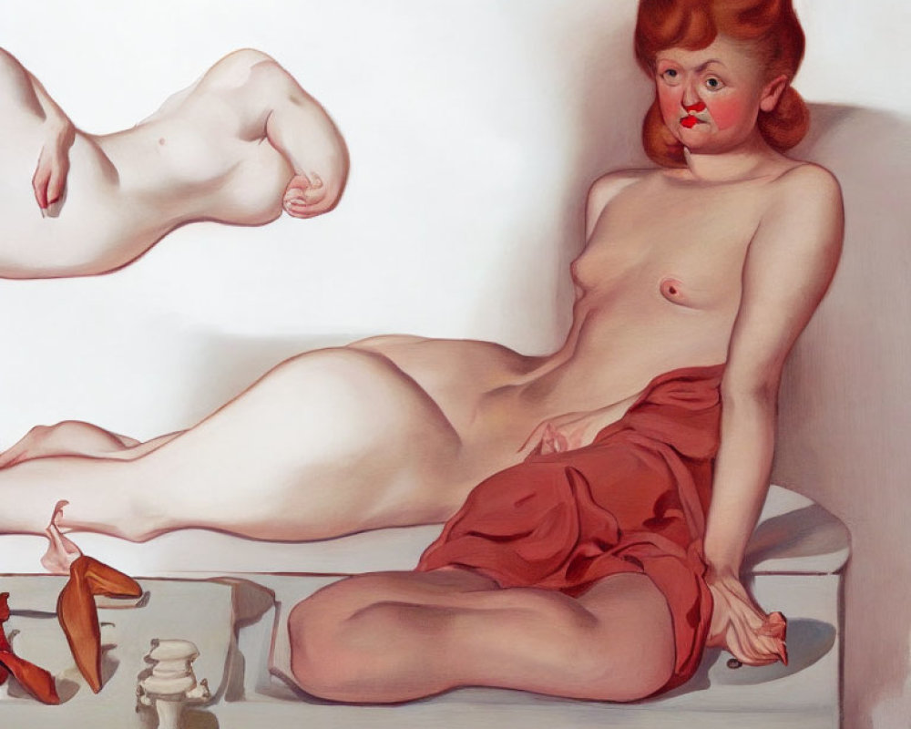 Surreal artwork featuring reclining nude figure with exaggerated red nose and floating chili peppers