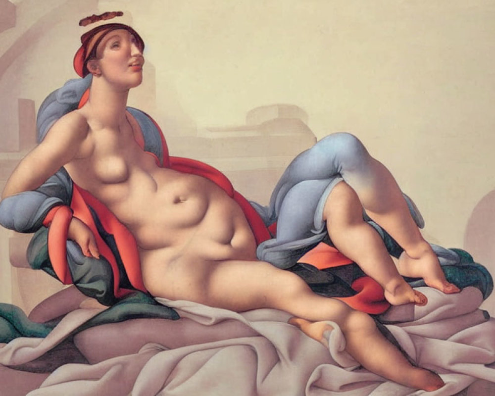 Classical painting of reclining figure in blue draped garment